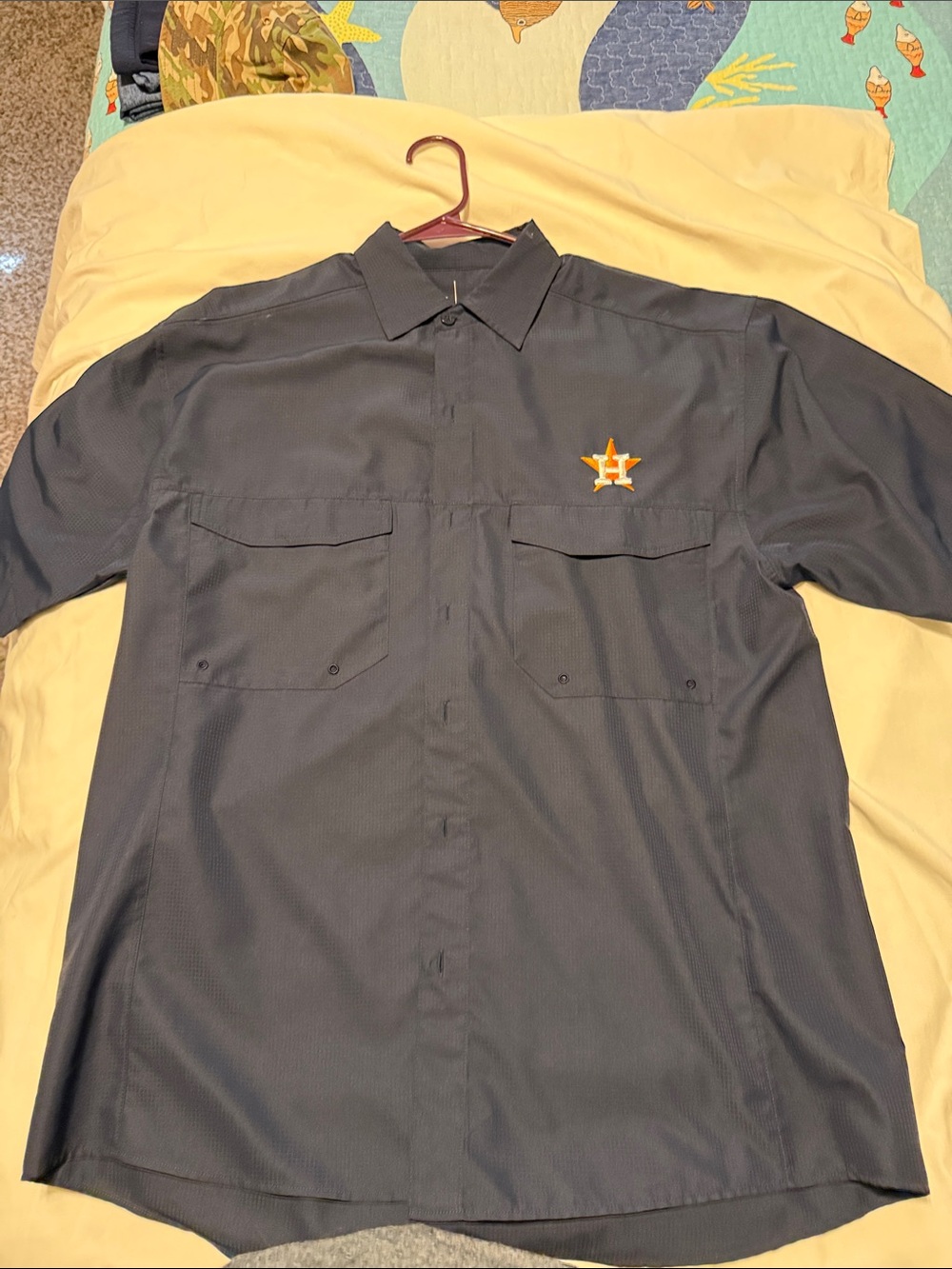 Antigua Gray Short-Sleeve Button-Down Shirt with Orange/White Astros Logo